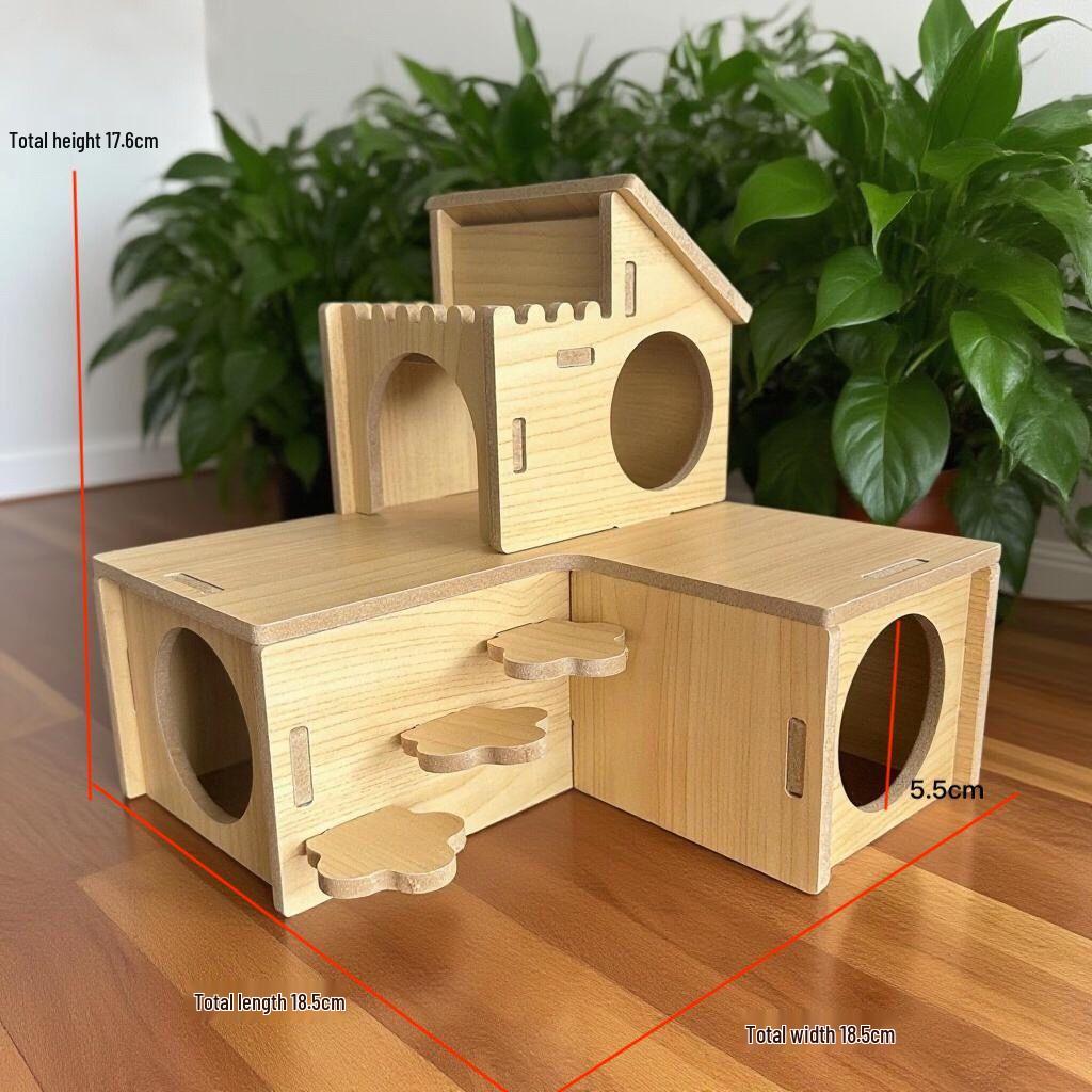 Golden Silk Hamster Villa: Interactive Wooden House with Platform, Climbing Ladder, and Hiding Spots - Complete Set for Landscaping.