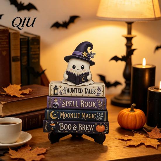 Halloween Party Tabletop Centerpieces Reading Ghost Figurine, Wooden Desktop Ornaments, Vintage Pumpkin Decor Statue with Stand for Home Fireplace