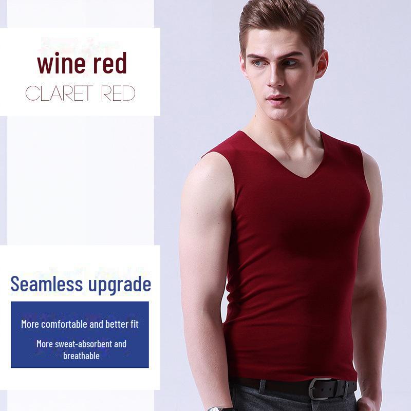 Men's White Ice Silk Seamless V-Neck Sports Vest - Summer Tight Fit, Wide Shoulder, Sleeveless, Thin Design.