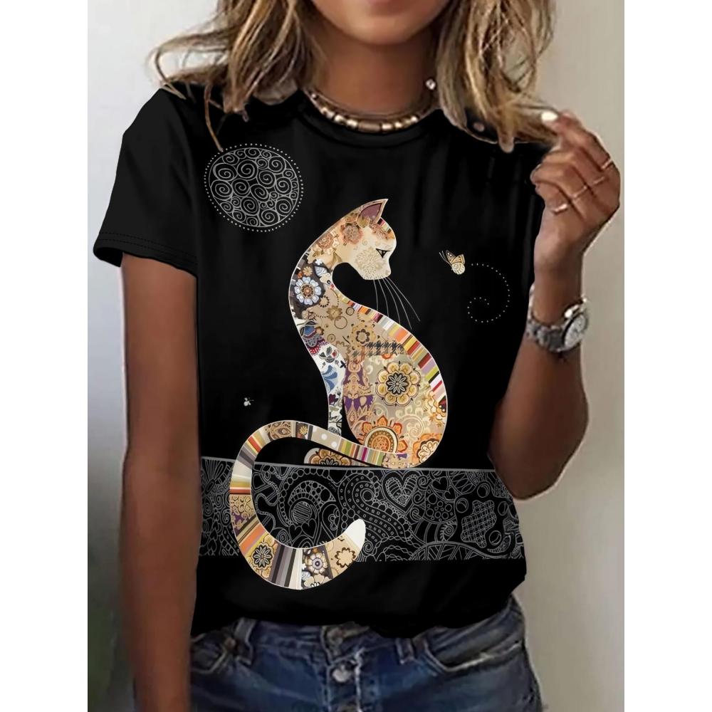 Summer Round Neck 3D Cat Print Top Fashionable Casual Short Sleeved Women's T-shirts