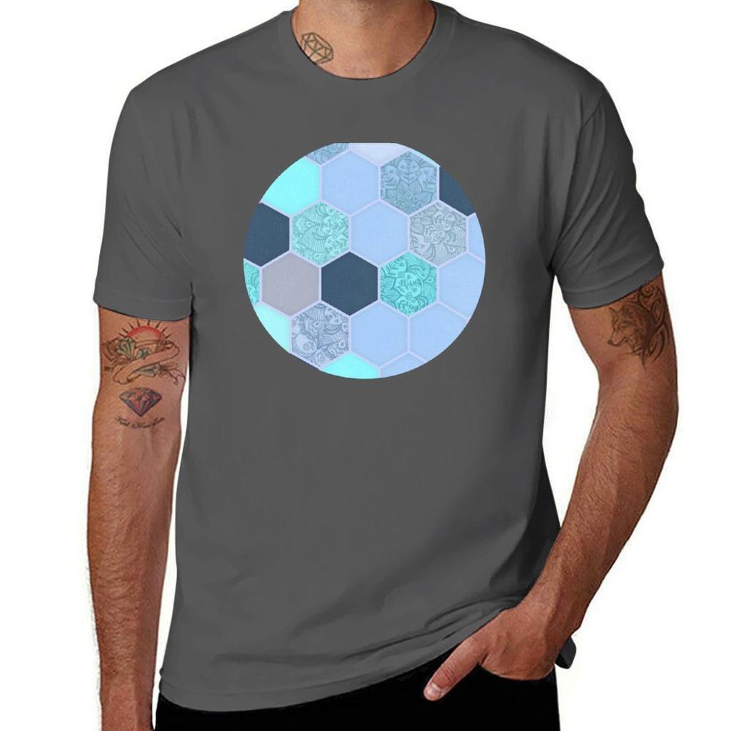 Denim Blue Aqua Indigo Hexagon Doodle Pattern Tshirt Christmas Casual Tee Shirt