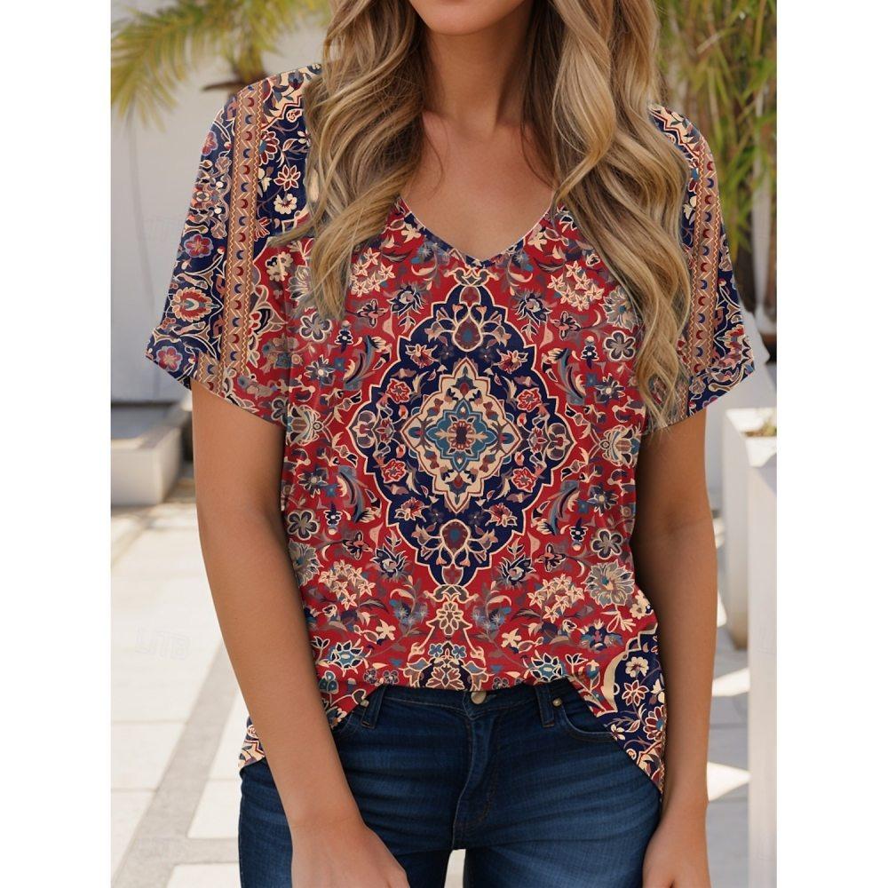2025 Hot-selling Summer Women's Tops Retro Floral Graphic Printing Style V-neck Casual Short-sleeved T-shirt