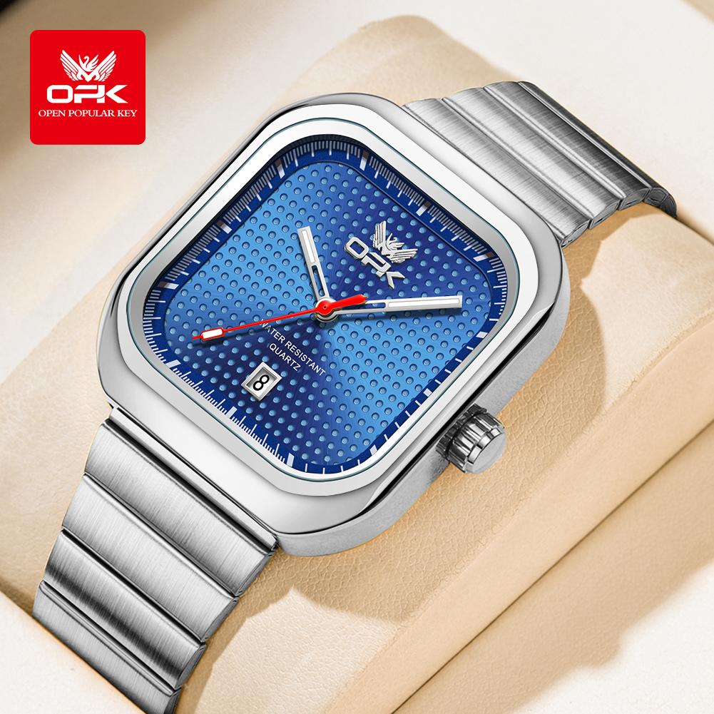 OPK 6041 Elegant Square Man Watch Steel Strap Waterproof Luminous Auto Date Men's Watches Original Quartz Wrist Watches for Men