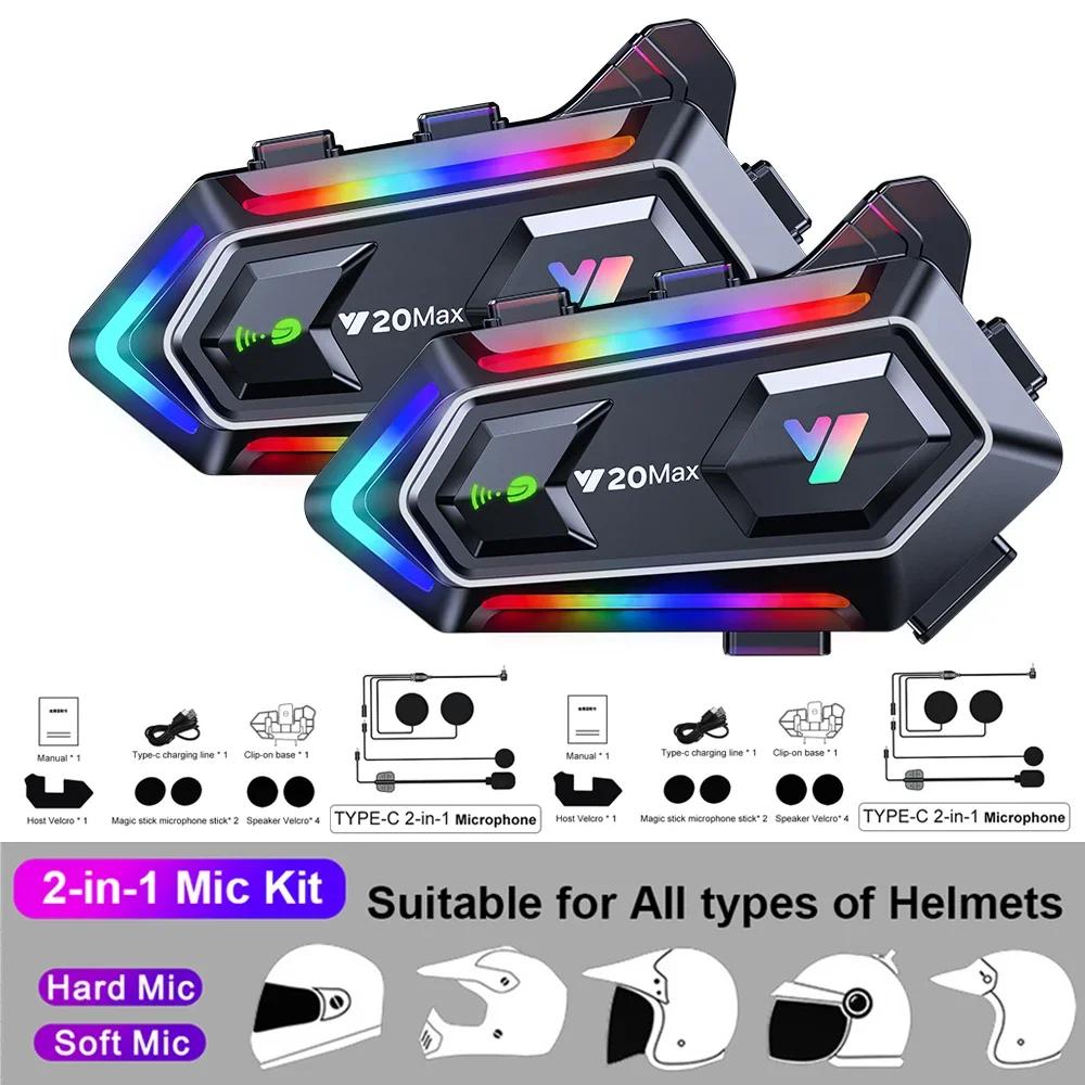 Y20 MAX Motocyklová přilba Bluetooth headset Intercom s mícháním V5.3 IPX6 Voděodolný RGB barevný světelný efekt 1000mAh baterie