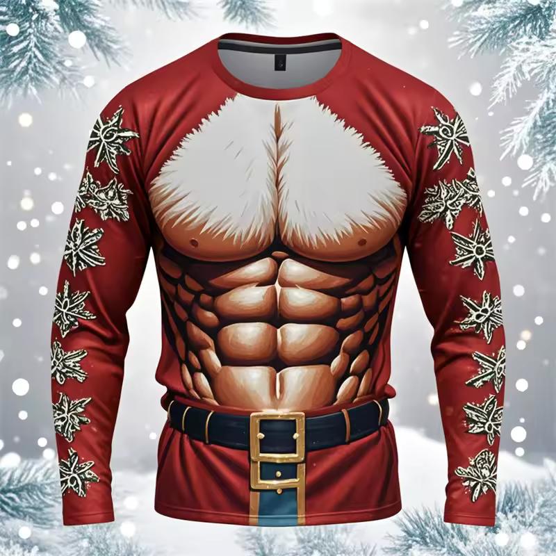 Funny Ugly Santa Claus Fake Muscles 3D Print T-shirts Xmas Men Women Long Sleeve Tees Fashion Oversized Christmas Men's Clothing