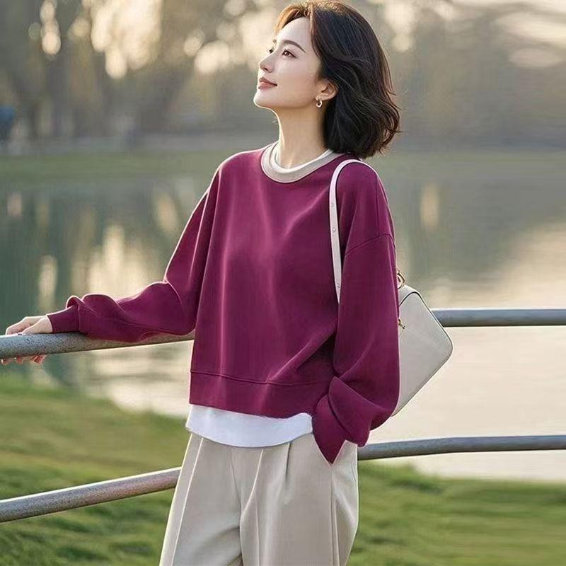 Air Layer Color Block Two-Piece Loose Hoodie for Women - Stylish & Youthful for Spring/Autumn 2026 XL фиолетовый