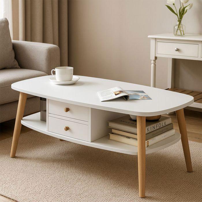 Stolik kawowy - Divit CM16 - Biały - 2 szuflady & półka - Blat 15 mm