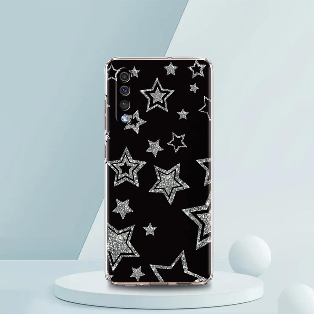 Transparent Phone Case for Samsung Galaxy A16 A14 A12 A22 A24 A42 A06 A20 A30 A40 Soft TPU Bags Silver Five-Pointed Star Pattern