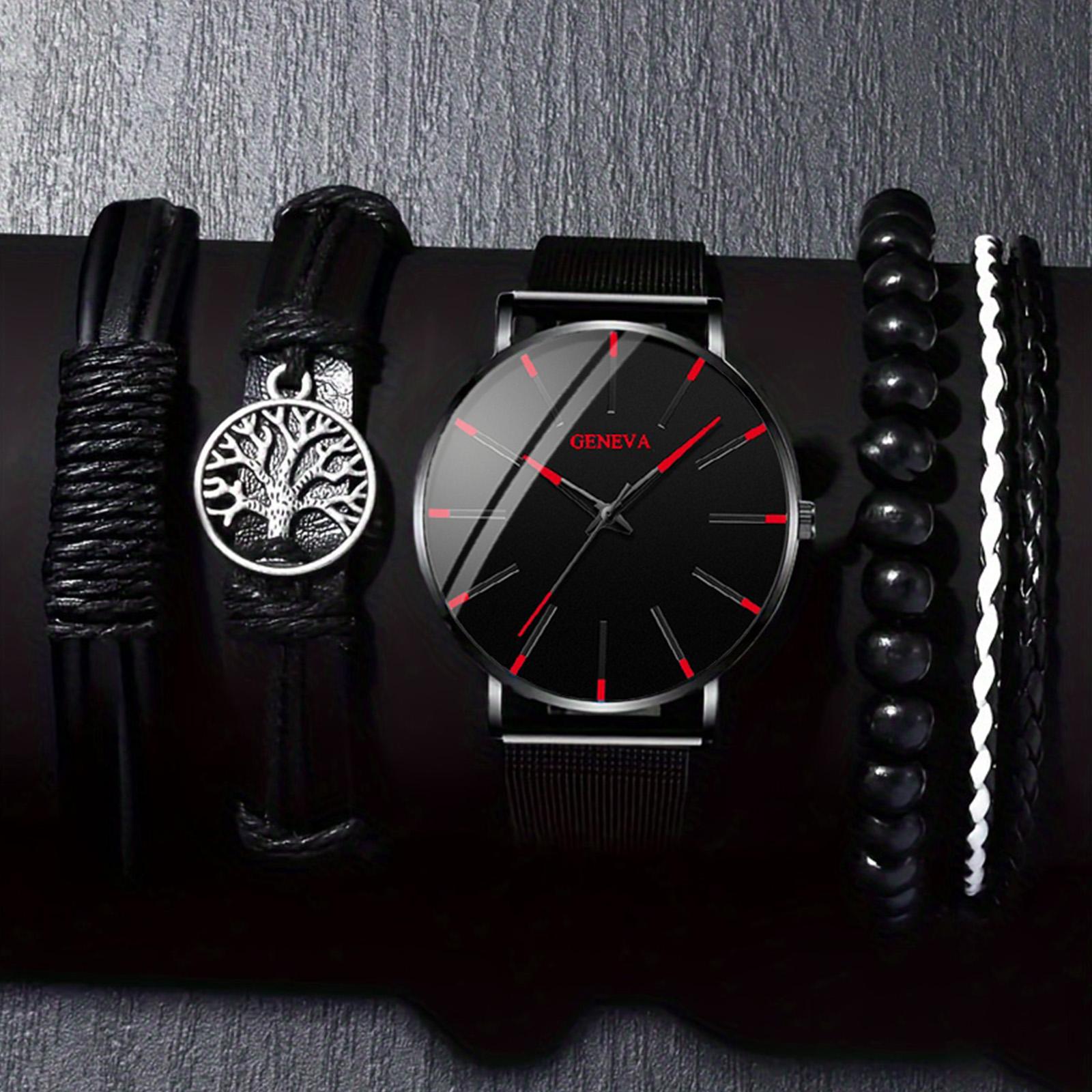 

Повсякденний чоловічий кварцовий годинник із нержавіючої сталі, простий сітчастий ремінець, набір годинників і браслетів, 5 шт. 5pcs/set black red watch