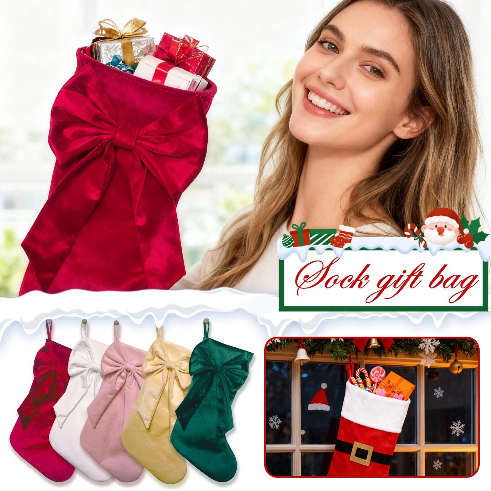 

Рождественские бархатные носки с бантом, Бархатные рождественские носки, Конфетные мешочки, Подарочные мешочки с бантом, Большие подарочные мешочки-носки с бантом жёлтый