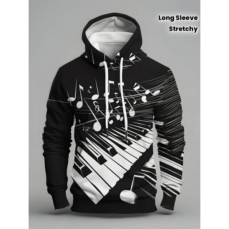 Autumn/Winter New Men's Sweatshirt Long Sleeve Stretch Health Fabric Digital Print Jacket Piano Note Element Hoodie