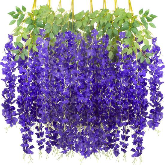 12Pcs Artificial Wisteria 3 Forks Realistic Home Wedding Garden Indoor Outdoor Wall Hanging Colorful Faux Flower Vines Garland Decoration