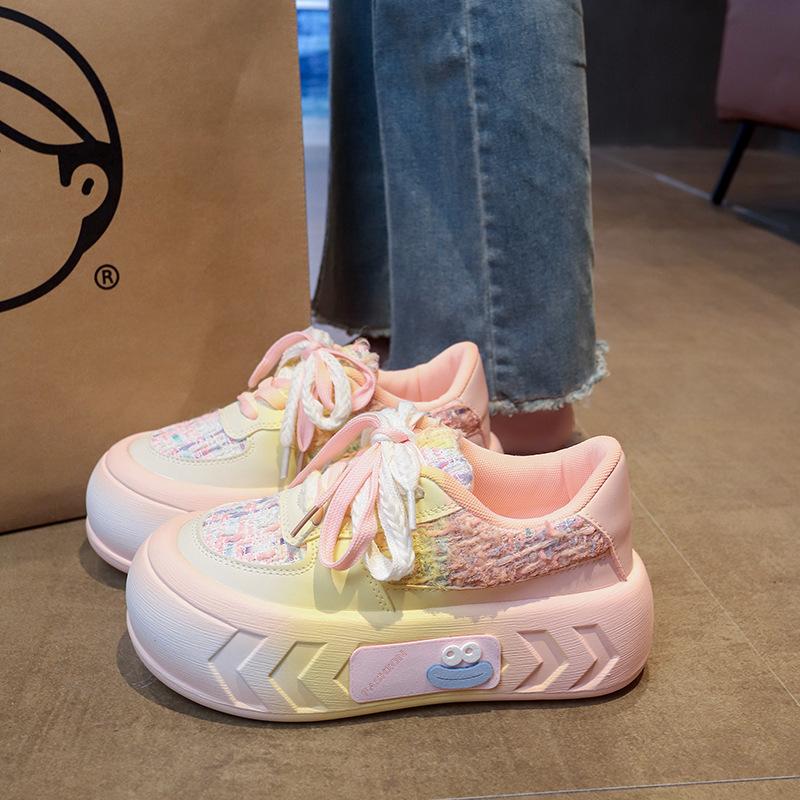 2025 spring and autumn new color matching bread shoes women's round head thick baseplate shoes fashion front lace-up casual shoes