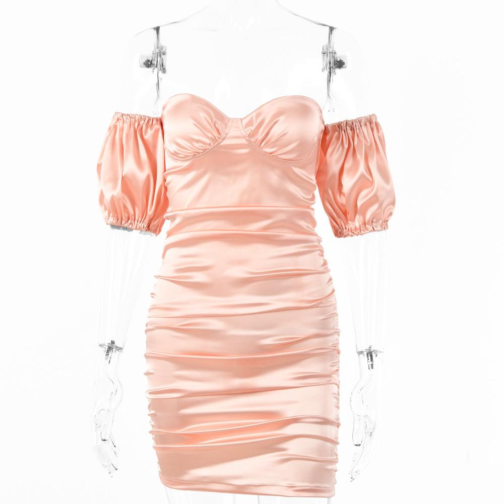 

2 New satin temperament short skirt, chest-wrapped lantern sleeve sexy and thin solid color dress L розовый