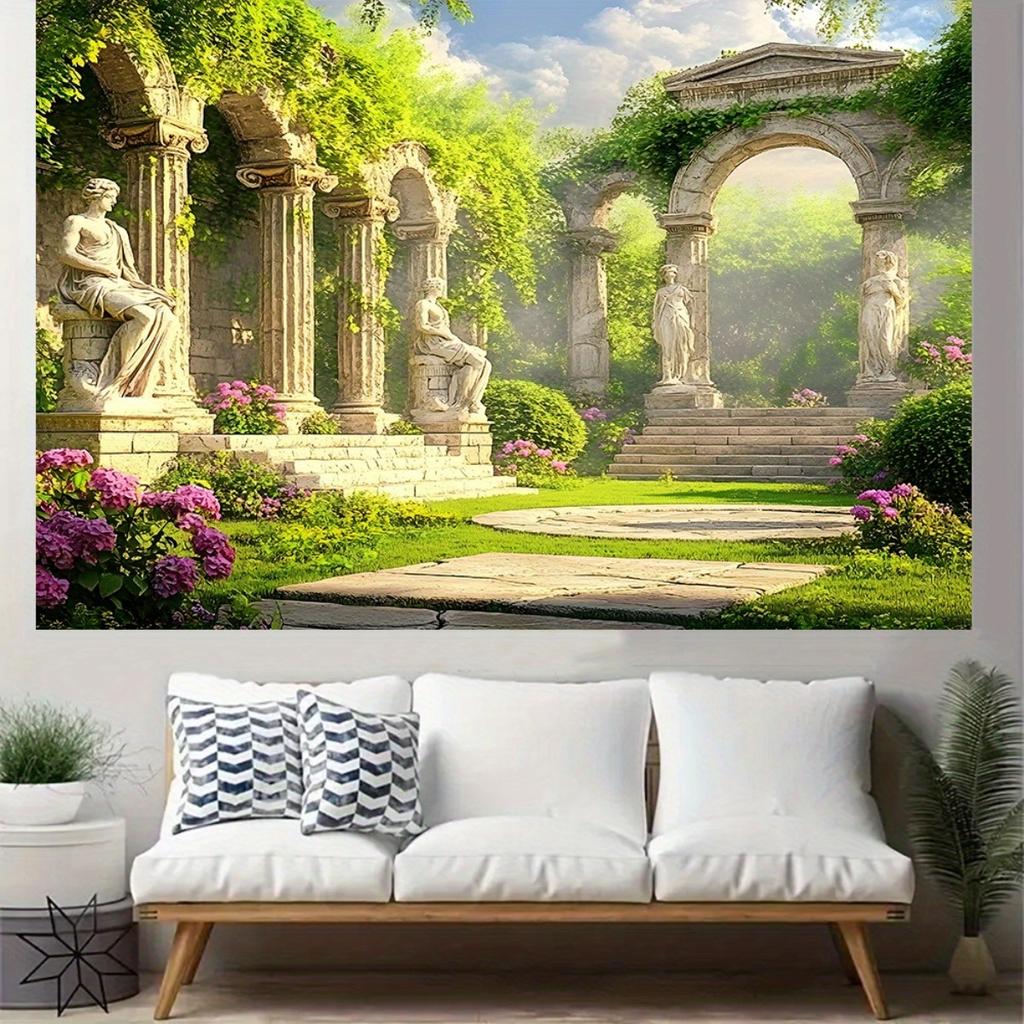 2D flaches Banner, 1 Stück, Banner mit mythischem griechischem Tempel-Hintergrund - Großformatige Polyester-Wanddekoration