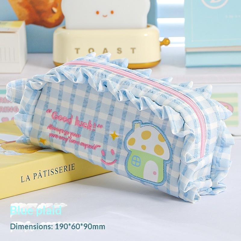 Sweet Frilled Plaid Pencil Bag Cartoon House Embroidery Large Capacity Kawaii Student Stationery Pouch