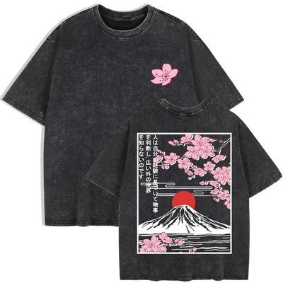 Mount Fuji Cherry Blossoms Prints Washed T-Shirts Womens Cotton Short Sleeve Tops Summer O-Neck Oversized T Shirt Clothes