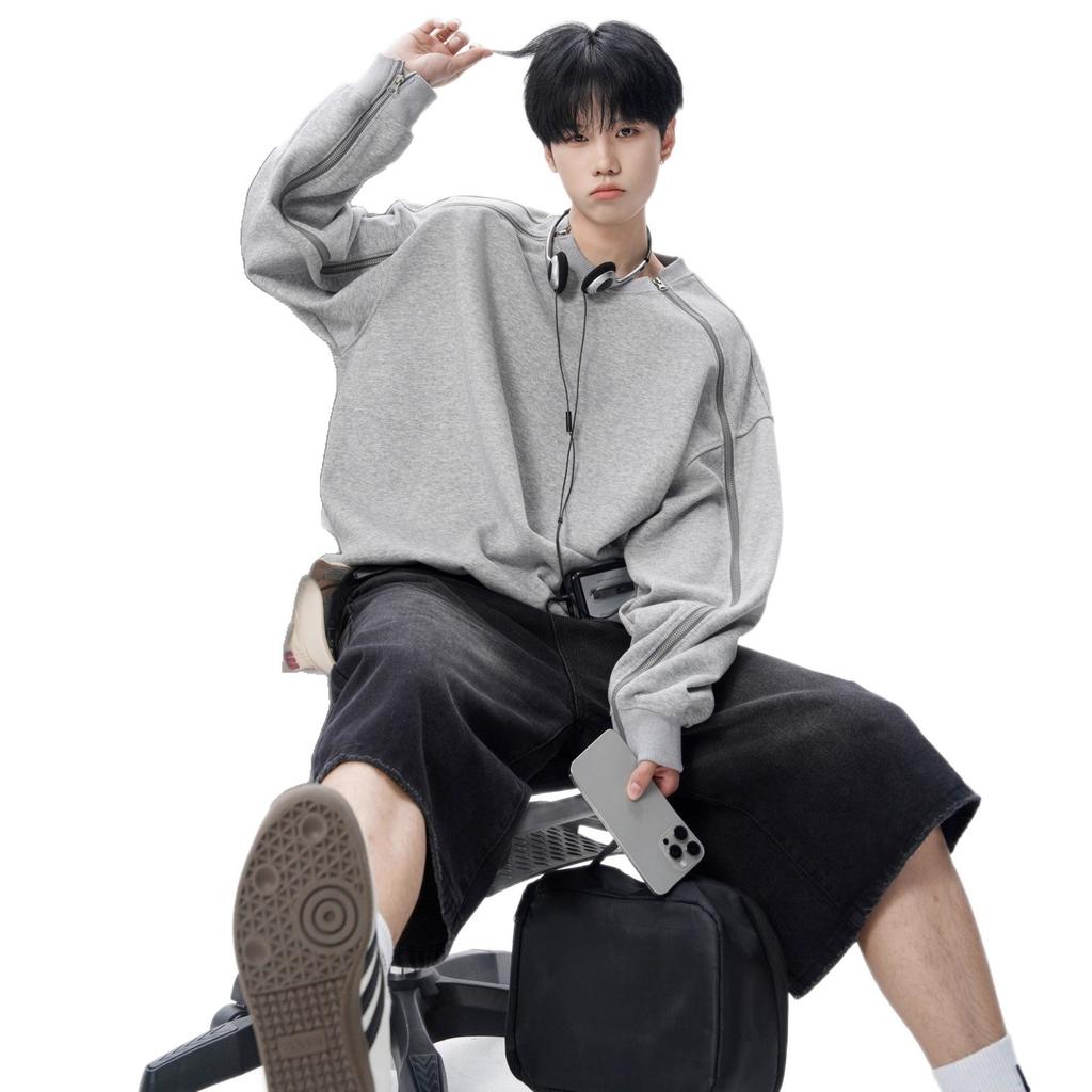 American Zipper Design Crew Neck Sweater Men's Autumn High Street Trendy Sports Bottoming Top