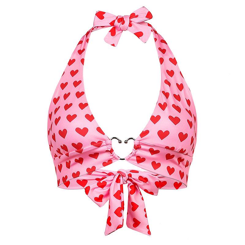 Damen Sexy Süßes Liebesherz Print Metall Schnalle Neckholder Träger BH Oberteil Camisole Korsett