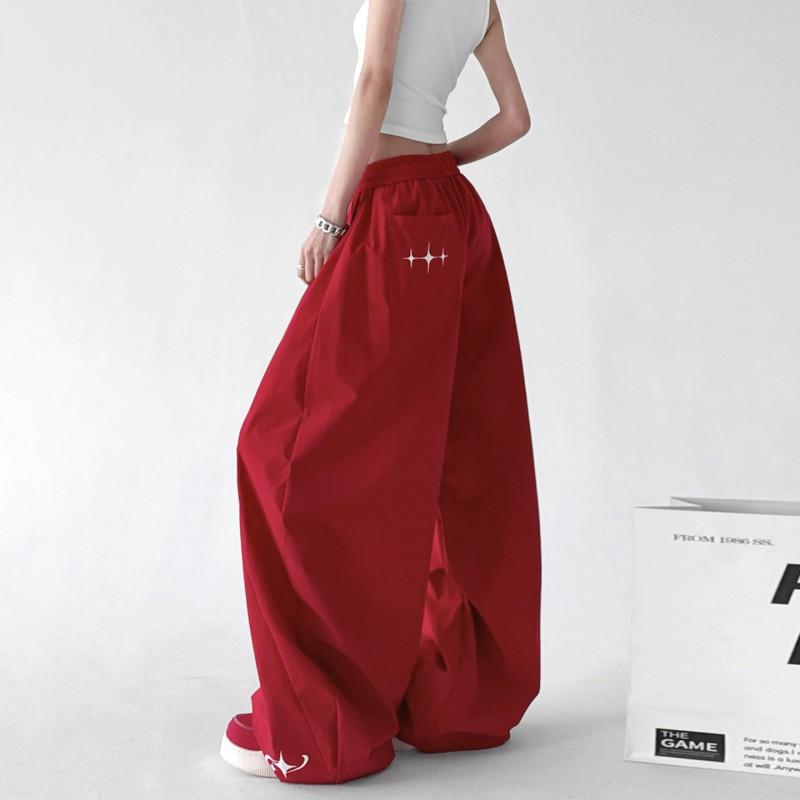 Womens Red Parachute Cargo Pants 2026 Loose Fit Drawstring Elastic Waist Casual Trousers