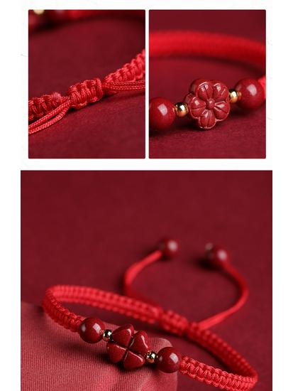 Authentic Cinnabar Four-Leaf Clover Bracelet with Purple Gold Sand and Red Rope for Women and Children