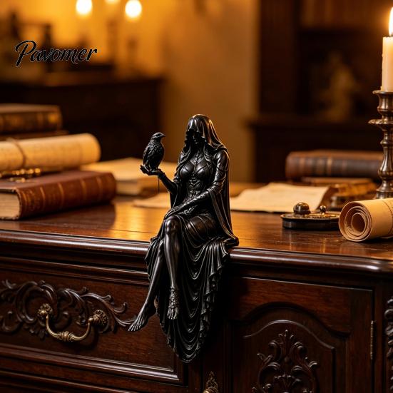 Durable Decorative Statue 3D Printed/Resin Hooded Lady Bookshelf Figure, Gothic Sitting Sculpture, Retro Style Ornament Mystery Cloak Goddess for Home
