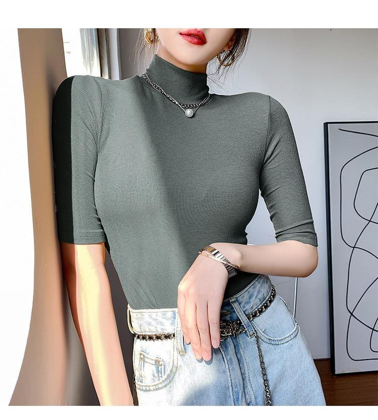 Elastic Slim Cotton Turtleneck T Shirts For Women Casual Short Sleeve Tee