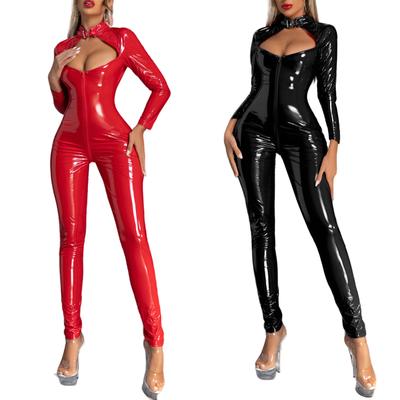 Women Patent Leather Catsuit Sexy Costume Long Sleeve Bodysuit Clubwear