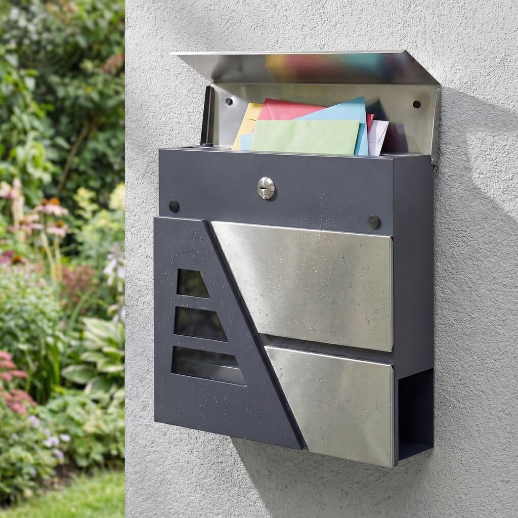Mailbox Wall-Mounted Weatherproof with Newspaper Holder and 2 Keys for Exterior Wall, Dark Grey