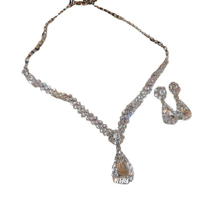 Diamond Water Drop V-shaped Fringed Necklace Earrings Two-piece Set Light Luxury Temperament Niche Collarbone Chain Personalized Jewelry