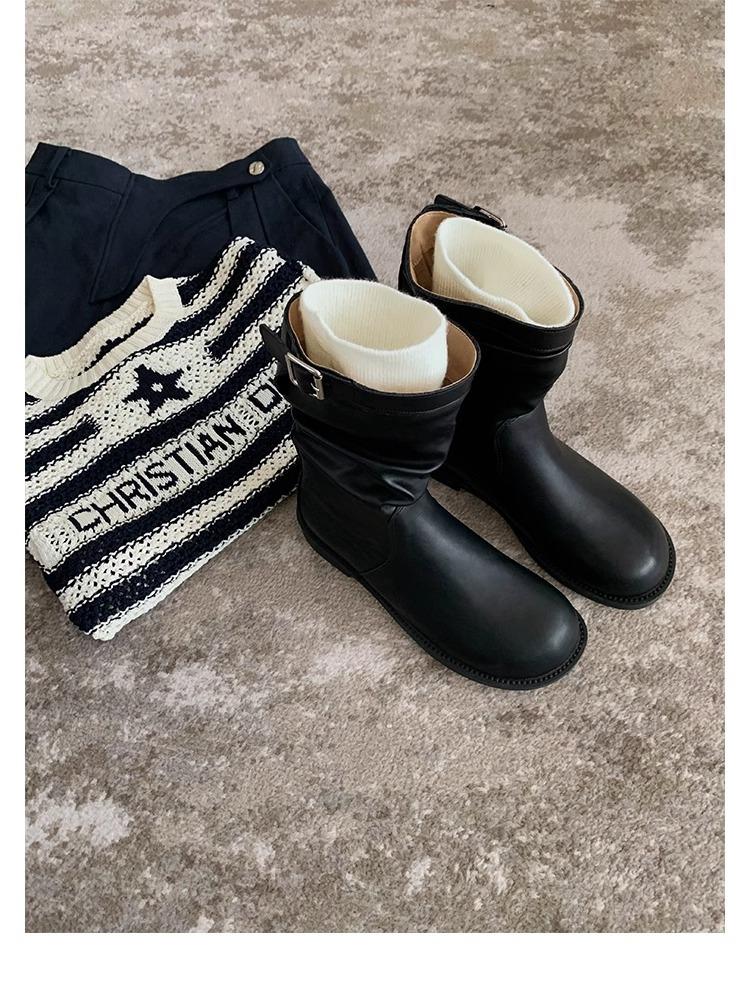 Grape mother autumn and winter new retro short boots Korean version pleated piling boots comfortable thick-soled Martin boots wear thin boots