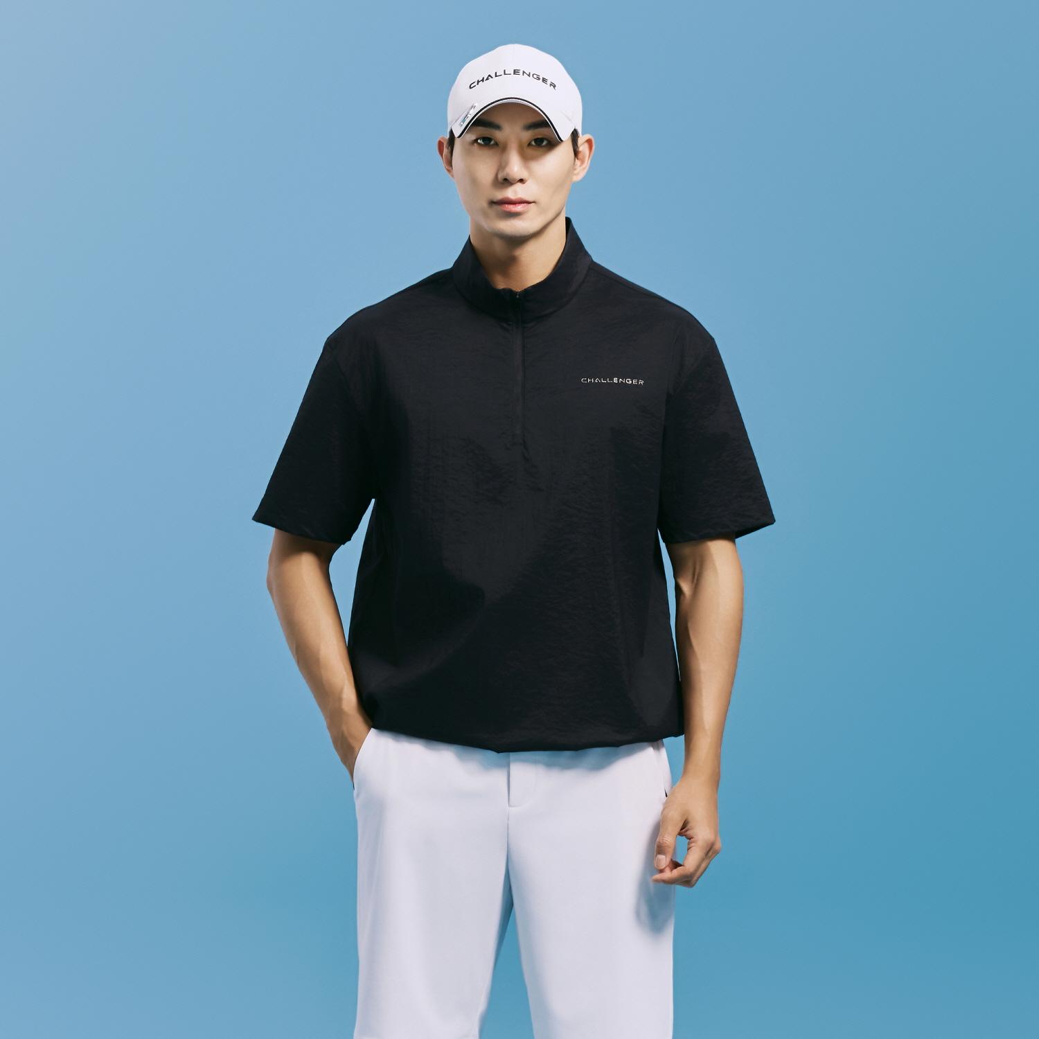 Challenger Men S Crinkle Nylon Spandex Half-Zip Short Sleeve Woven Top Black Bk (Black)/S