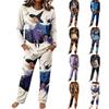Women's Casual Pajama Set with Long Sleeve Round Neck and Drawstring Wide Leg Pants for Sleep and