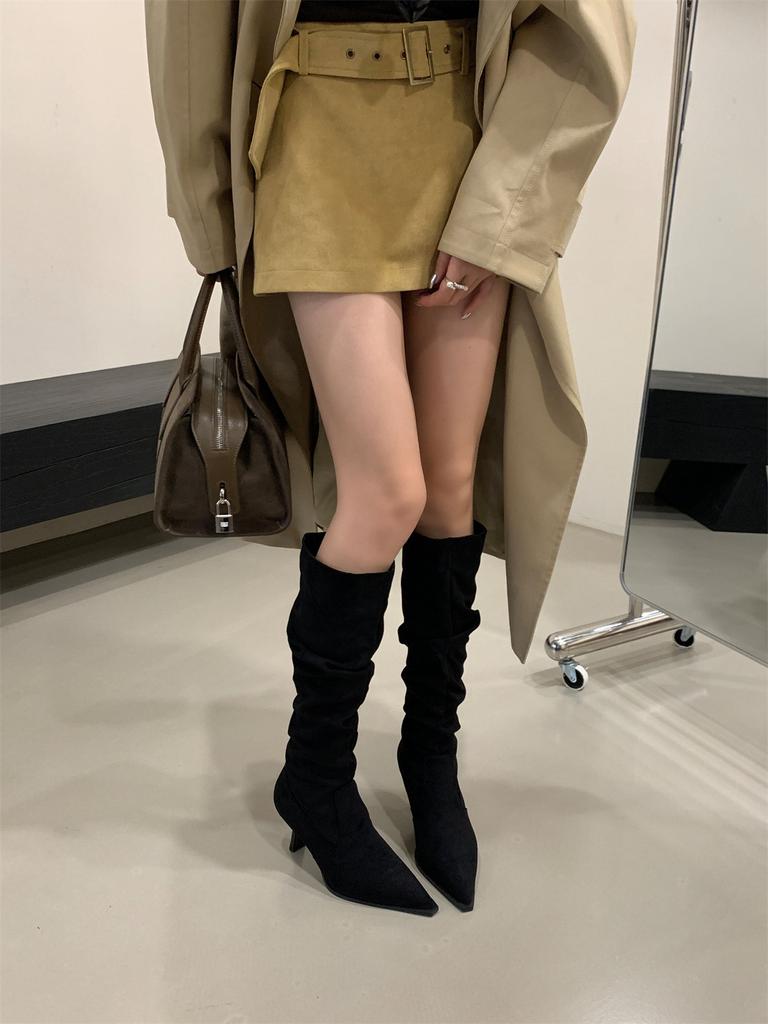 High Heel Pointed Khaki Suede Pile Boots Women's Shoes 2025 Autumn and Winter Single Boots Skinny Long Knight Boots