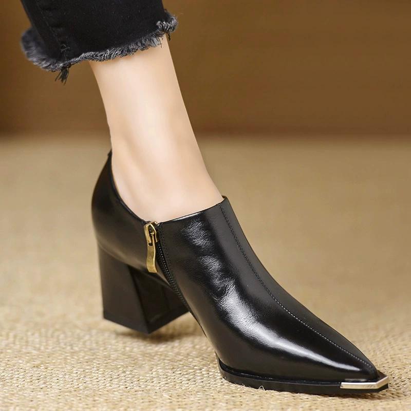 French Temperament All-match Comfortable Side Zipper British Style Retro Leather Shoes Pointed Deep-mouthed Thick-heeled Shoes