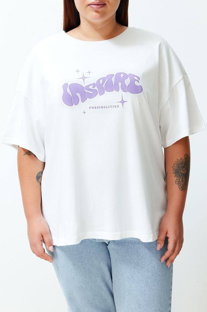 Women's Style Plus Size Ecru Unisex Oversize Comfortable 100% Cotton Couple Knitted T-Shirt