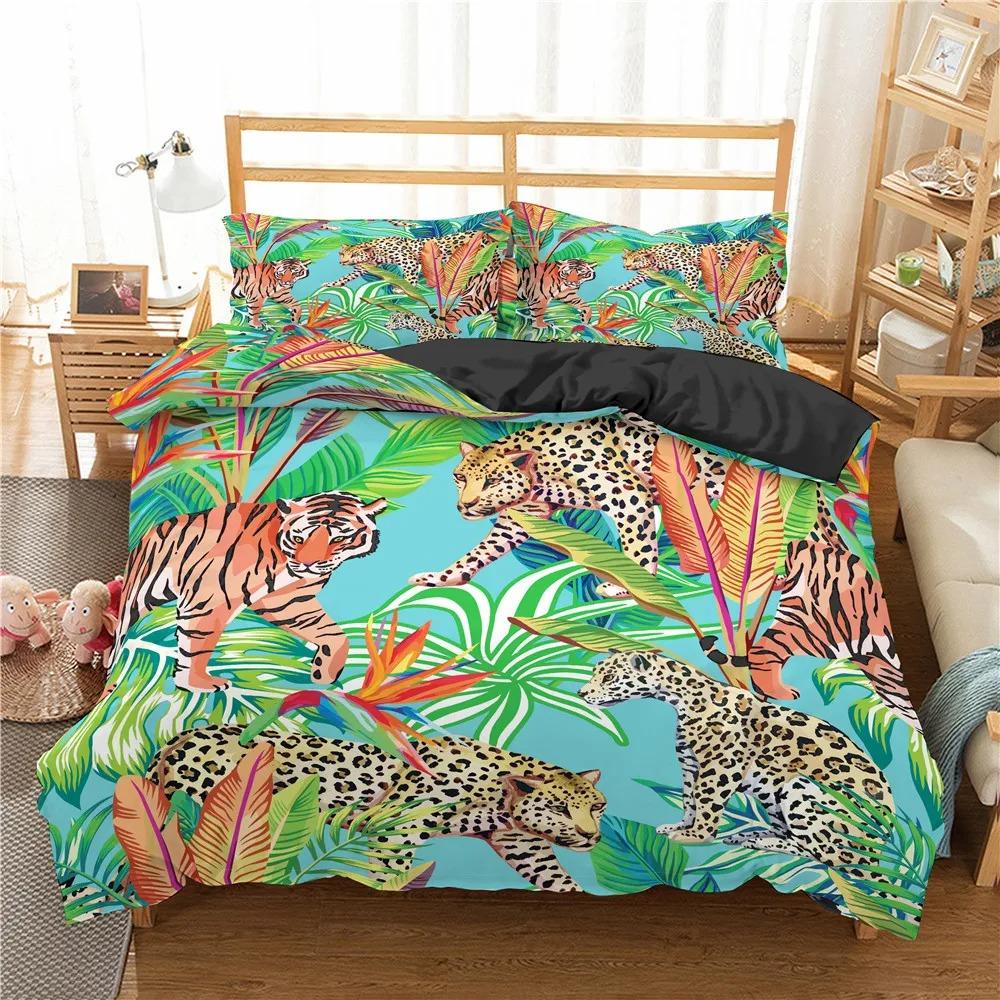 Jungle Animal Duvet Cover King Queen Tropical Plants Palm Leaves Bedding Set Kids Tiger Wildlife 23pcs Polyester Quilt Cover