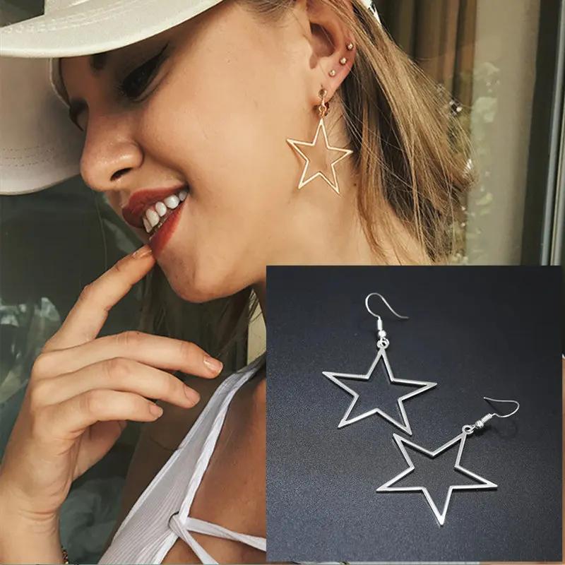 New Fashion Silver Color Pentagram Earrings for Women Charm Hollow Five-pointed Star Stainless Steel Dangle Earrings Jewelry