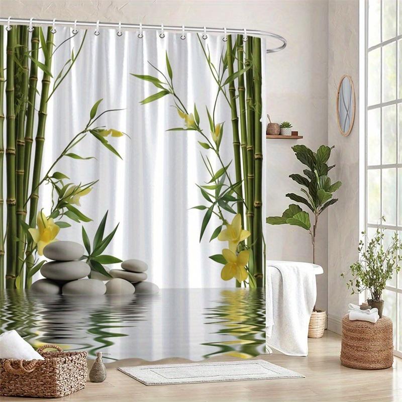 1-Pack Bamboo And Stone Shower Curtain, Green Bamboo, White Zen Stones, Yellow Flowers And Reflective Water Pattern, With Hook