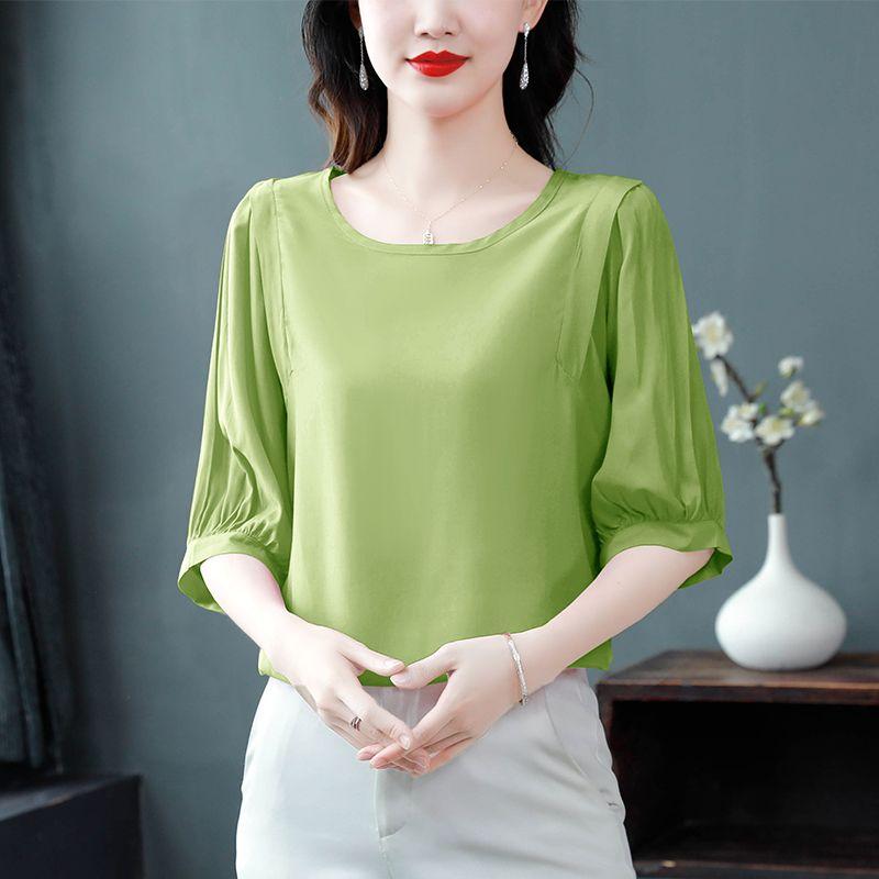 Elegant Women Puff Sleeve Blouses Summer 3/4 Sleeve O Neck Wrinkle Textured Blusas Fashion Solid Color Tunic Tops