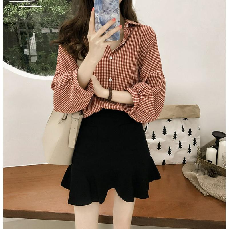 Early Autumn Women's Hong Kong Style Loose BF Lantern Sleeve Plaid Shirt Women's Long-sleeved Blouse Shirt Jacket Trend