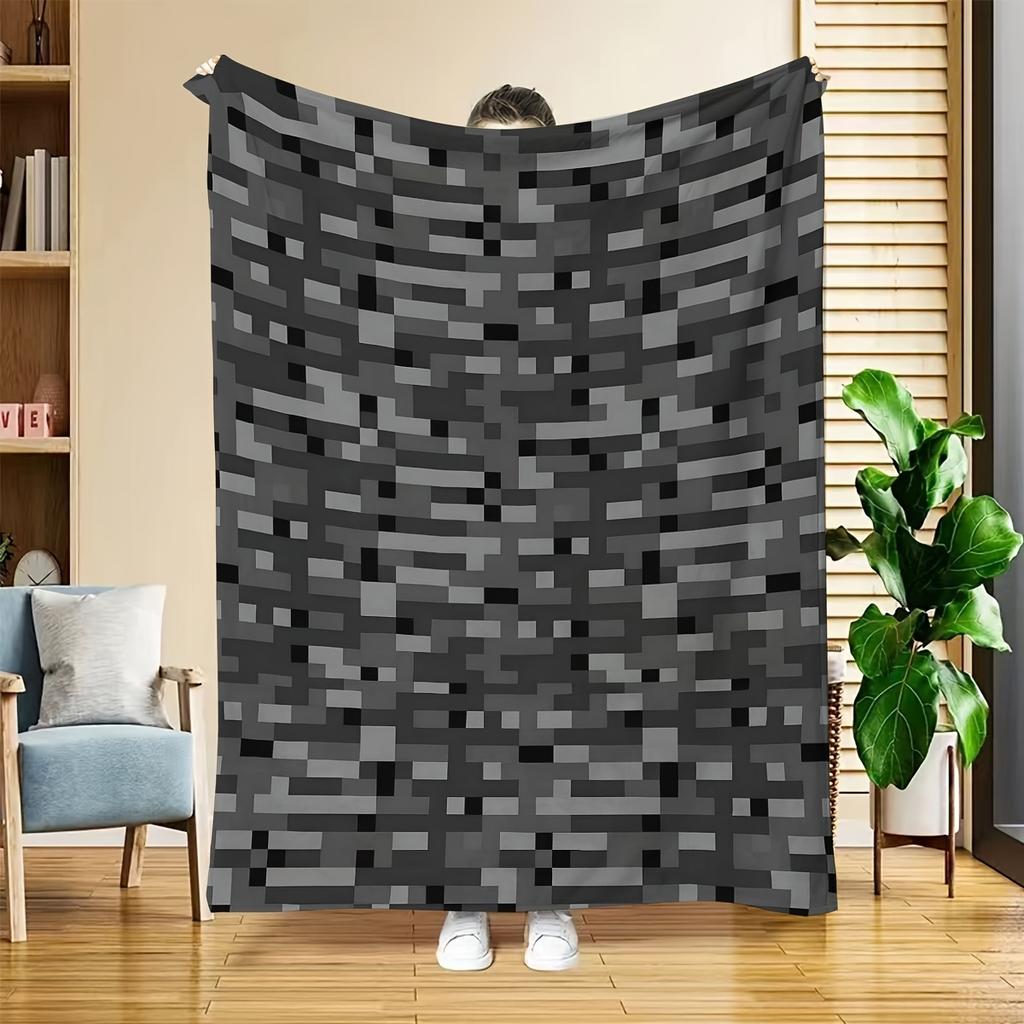 Pixelated Gray Camo Flannel Blanket Single Sided 2DPrint Modern Blanket Bedroom Living Room Gaming Room Edgy Vibe Accessory Gift