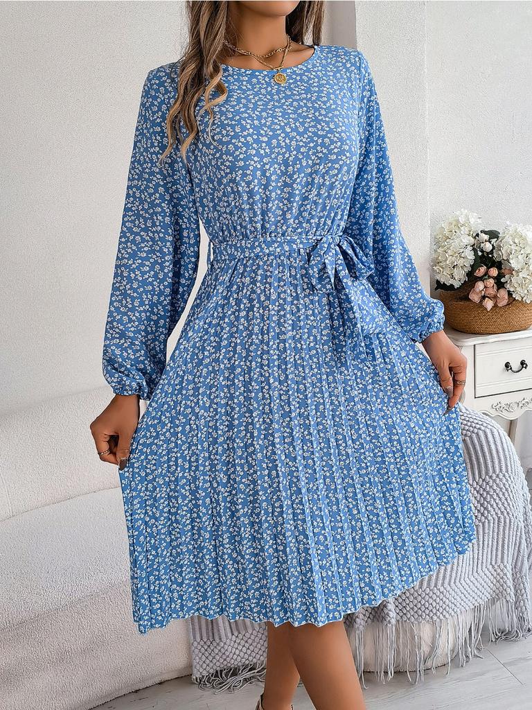 Ins Leisure Long Sleeved Floral Pleated Skirt Plus Size Dresses for Women Red Dresses for Women Elegant