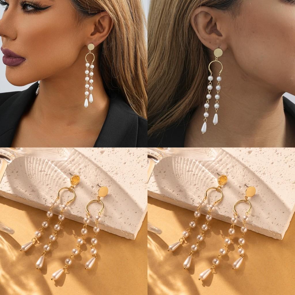 Modern Asymmetric Faux Pearl Tassel Earrings For Women In Gold Color