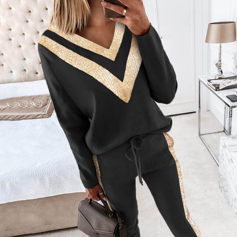 

Women Sexy V -Neck Tracksuit Set Patchwork Two Piece Set Female Long Sleeve Tops &Long Pant Suits Casual Outfit Plus Size XXL чорний