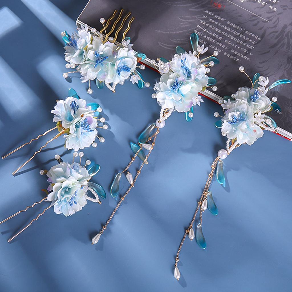 Elegant Gauze Flower Hair Clip For Women Vintage Chinese Style Blue Floral Hairpin Exquisite Hanfu Dress Hair Accessories