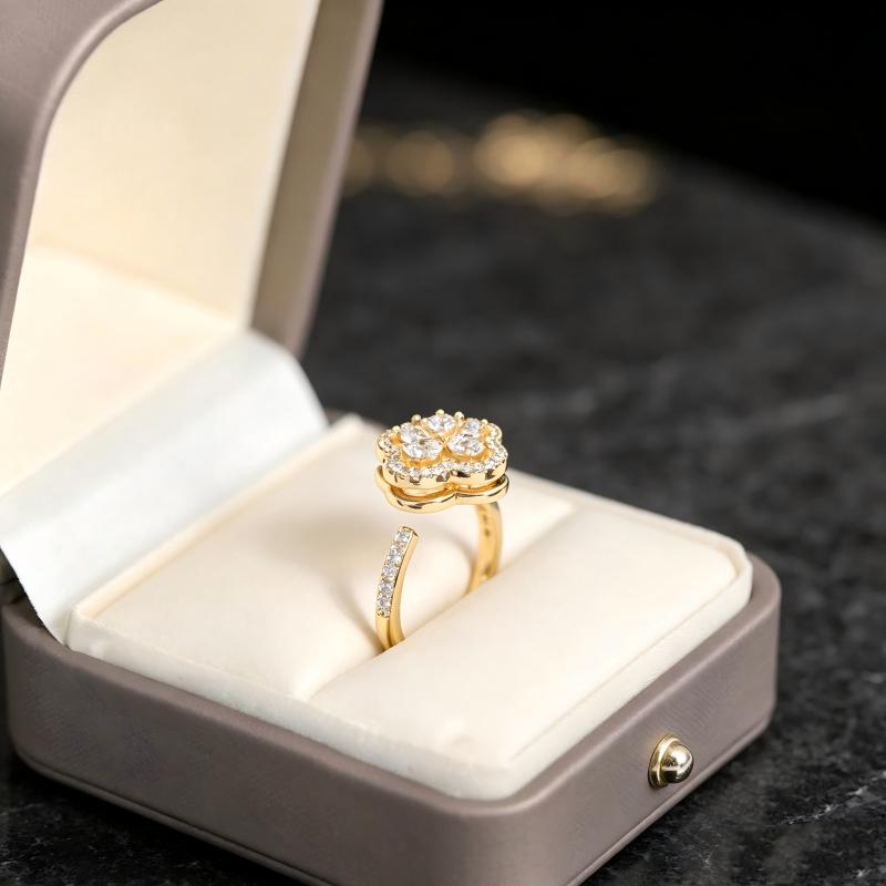 Elegant Double Layer Hollow Diamond Four-Leaf Clover Flower Open Ring for Women's Index Finger