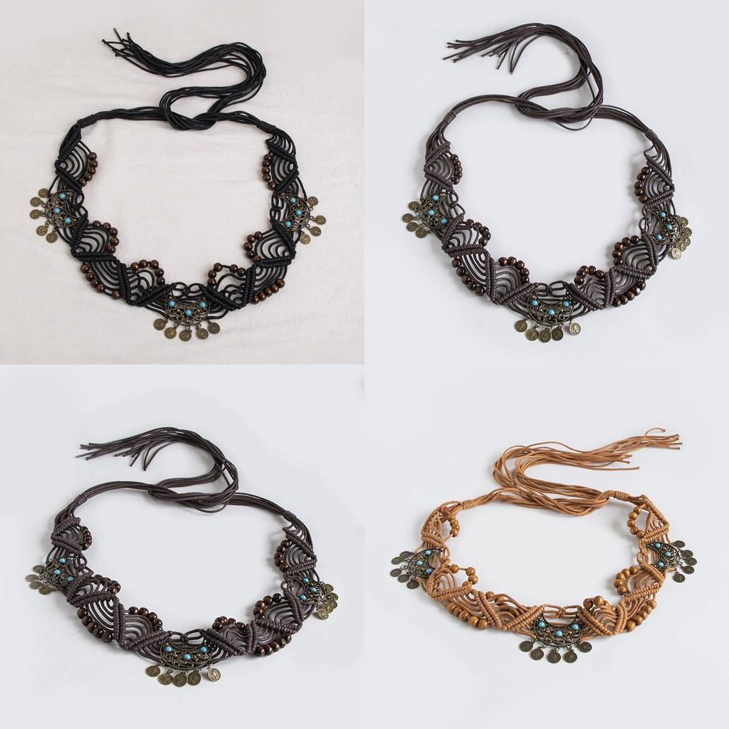 Bohemian Waist Belt Ethnic Style Handwoven With Coin And Moon Details For Vacation Wear
