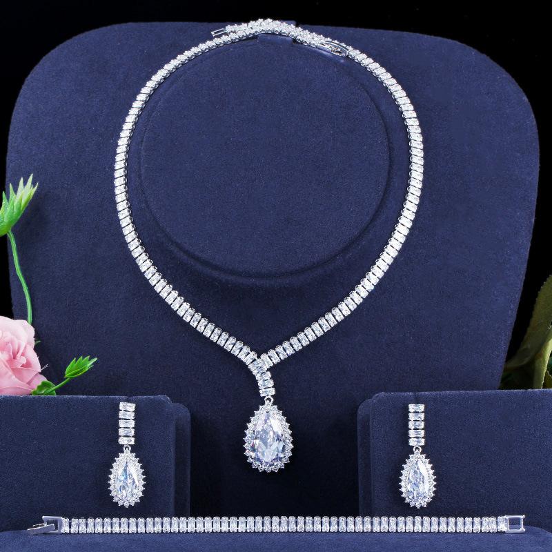 T0167 Exclusive Bridal Accessories Water Drop Zircon Necklace Earrings Bracelet Three Sets