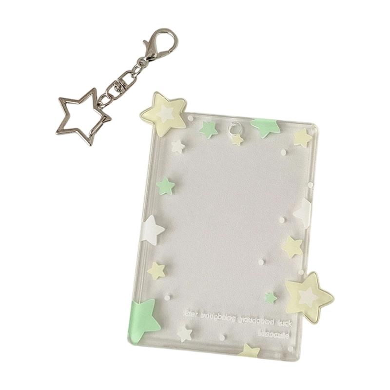 Star Print Photo Card Case with Keychain Clip 3Inch Photo Protectors Waterproof Acrylic Card Covers for Badges Photos